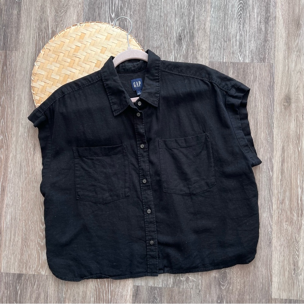 GAP linen blend crop shirt black button down‎ - Picture 2 of 8